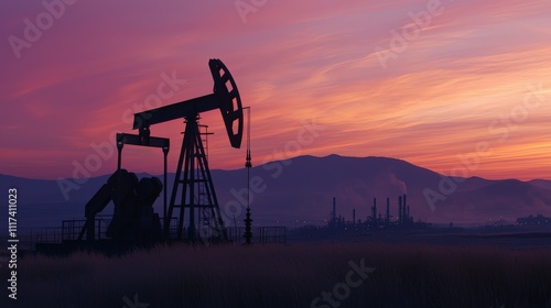 Serene Sunset Over Tranquil Oil Field Landscape photo