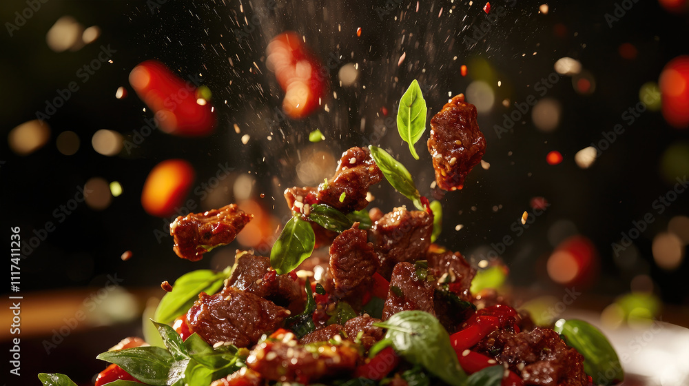 Flying mix of fresh herbs, vegetables, and ground meat in mid-air. Flying mix of fresh herbs, vegetables, and ground meat in mid-air.