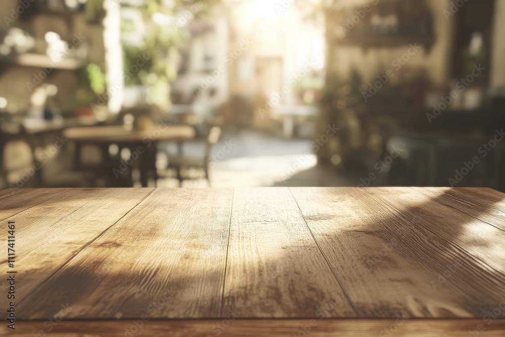A sunlit wooden table in a cozy caf? setting, inviting a warm atmosphere. A sunlit wooden table in a cozy caf? setting, inviting a warm atmosphere.