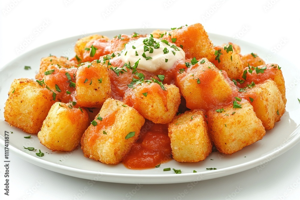 A plate of crispy patatas bravas, featuring golden, perfectly fried potato cubes served with a generous portion of spicy tomato sauce and a drizzle of aioli. A plate of crispy patatas bravas, featuring golden, perfectly fried potato cubes served with a generous portion of spicy tomato sauce and a drizzle of aioli.