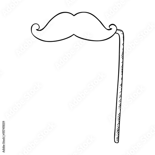 Moustache photo booth masquerade accessory for party black and white line vector illustration. Simple fun sketch for holiday coloring in simple monochrome style