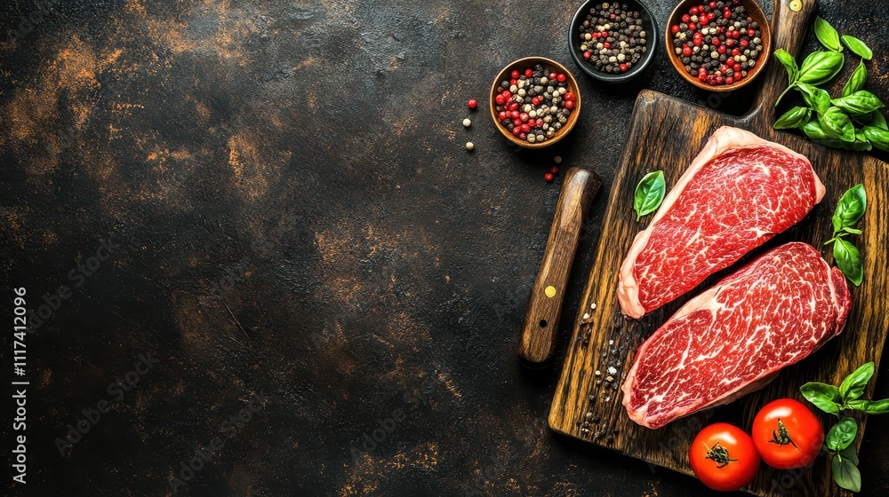 Raw steak, spices, and herbs on rustic wooden board. Raw steak, spices, and herbs on rustic wooden board.