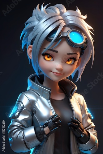 Stunning 3D Render of a Futuristic Female Character: Cyberpunk Anime Girl with Silver Jacket and Goggles