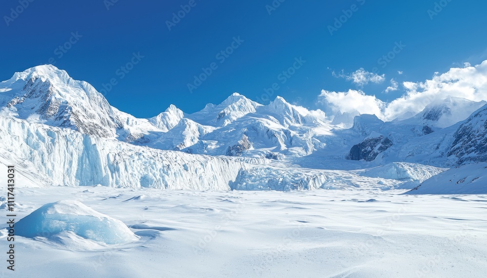 Fototapeta premium A stunning snowy landscape featuring majestic mountains and a glacier under a clear blue sky.