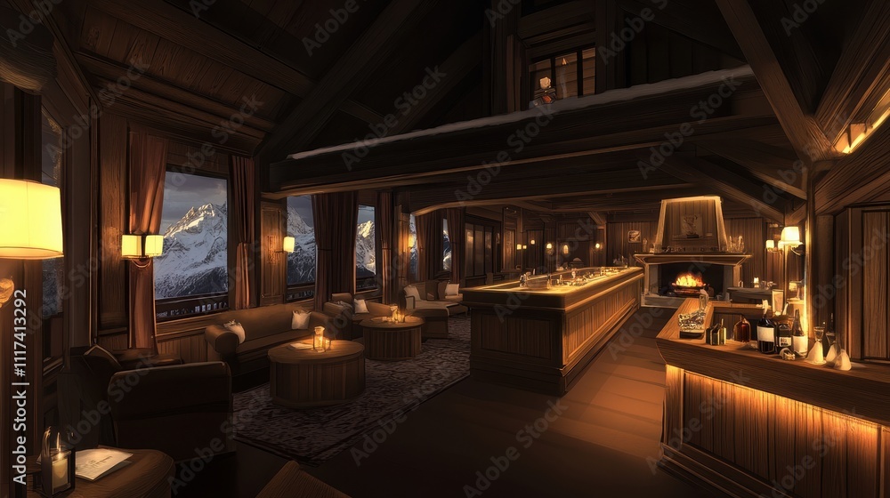 Luxurious mountain lodge bar and lounge. Cozy ambiance with fireplace, mountain views, and elegant furniture.. Luxurious mountain lodge bar and lounge. Cozy ambiance with fireplace, mountain views, and elegant furniture..