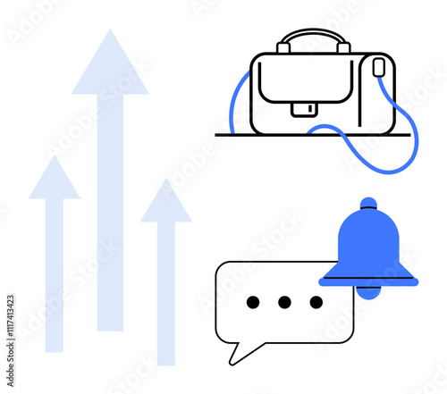 Briefcase, chat bubble, notification bell, and upward arrows signify business growth, communication, and alerts. Ideal for productivity, collaboration, progress, notifications updates business