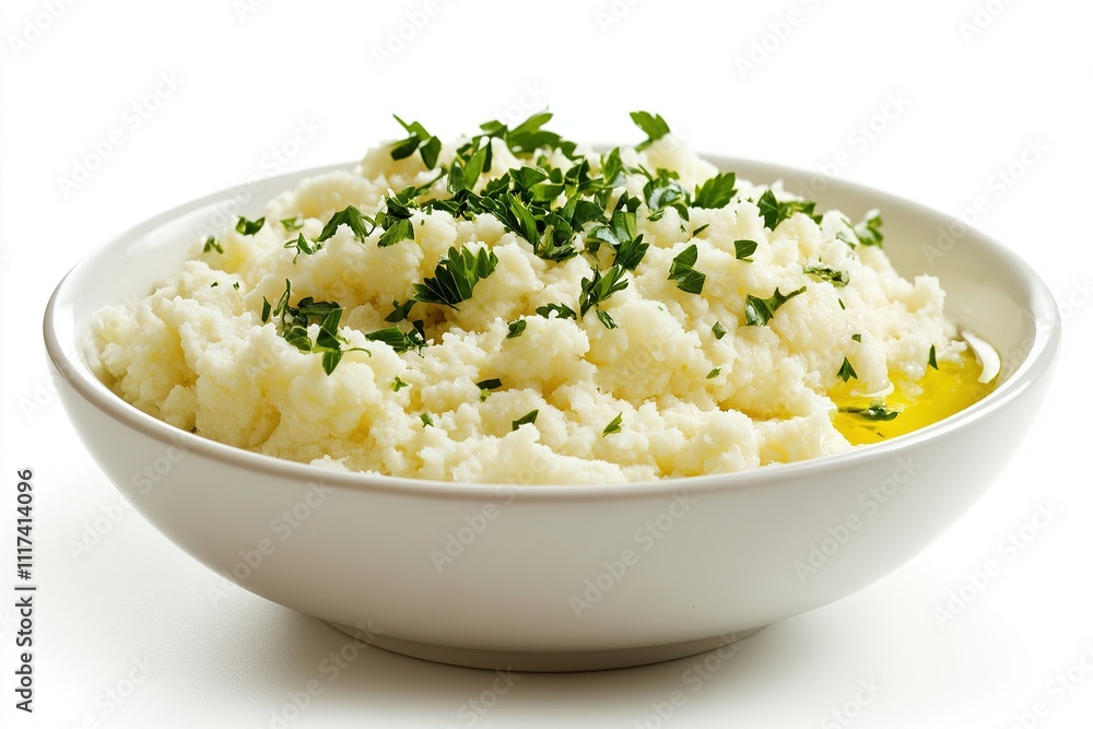 A serving of freshly prepared cauliflower rice in a white bowl, garnished with finely chopped parsley and a drizzle of olive oil. A serving of freshly prepared cauliflower rice in a white bowl, garnished with finely chopped parsley and a drizzle of olive oil.