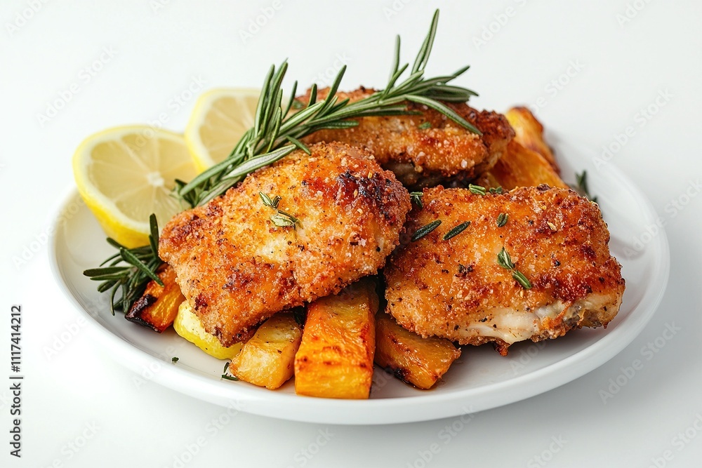 A serving of golden-brown baked chicken thighs on a white plate, garnished with fresh rosemary and lemon slices. A serving of golden-brown baked chicken thighs on a white plate, garnished with fresh rosemary and lemon slices.