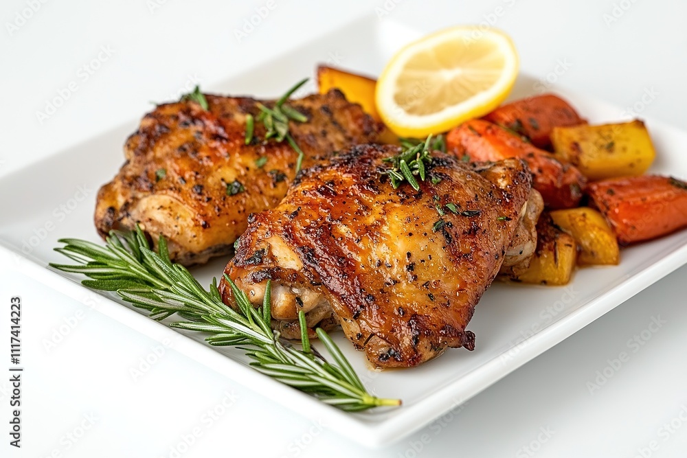 A serving of golden-brown baked chicken thighs on a white plate, garnished with fresh rosemary and lemon slices. A serving of golden-brown baked chicken thighs on a white plate, garnished with fresh rosemary and lemon slices.