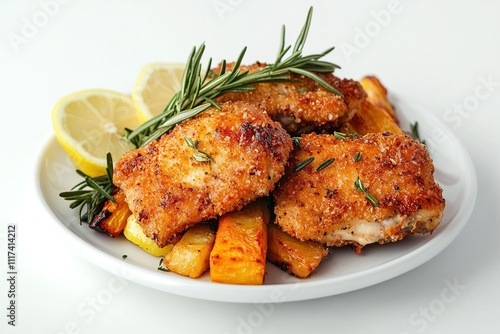 A serving of golden-brown baked chicken thighs on a white plate, garnished with fresh rosemary and lemon slices. 