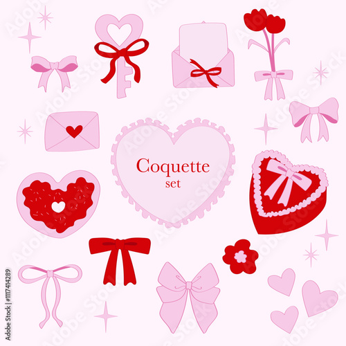 Pink Ribbon Coquette aesthetic hand drawn valentine's day illustration set