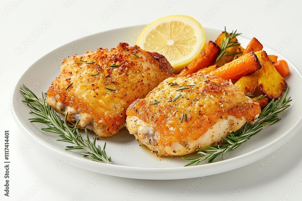 A serving of golden-brown baked chicken thighs on a white plate, garnished with fresh rosemary and lemon slices. A serving of golden-brown baked chicken thighs on a white plate, garnished with fresh rosemary and lemon slices.