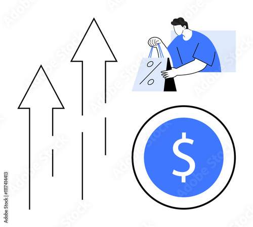 Three ascending arrows, a person holding shopping bags with a discount sign, and a dollar symbol coin. Ideal for business growth, economics, finance, e-commerce, sales trends, marketing investments