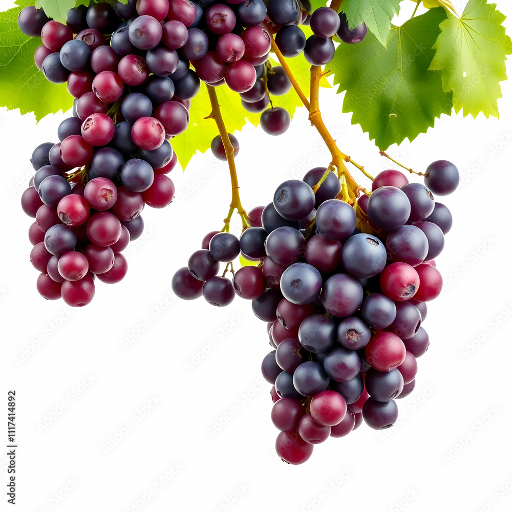 Fototapeta premium Falling grapes isolated on a white background with clipping path whole berries in the air