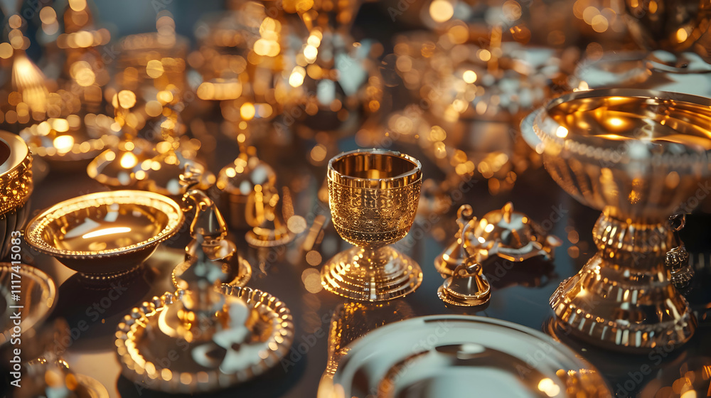 Golden Goblets and Bowls 3D Render Golden Goblets and Bowls 3D Render