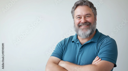 Portrait of a happy, bearded man in a blue polo shirt, standing confidently with arms crossed against a white background. Ideal for professional profiles, ads, or templates with ample space for added  photo