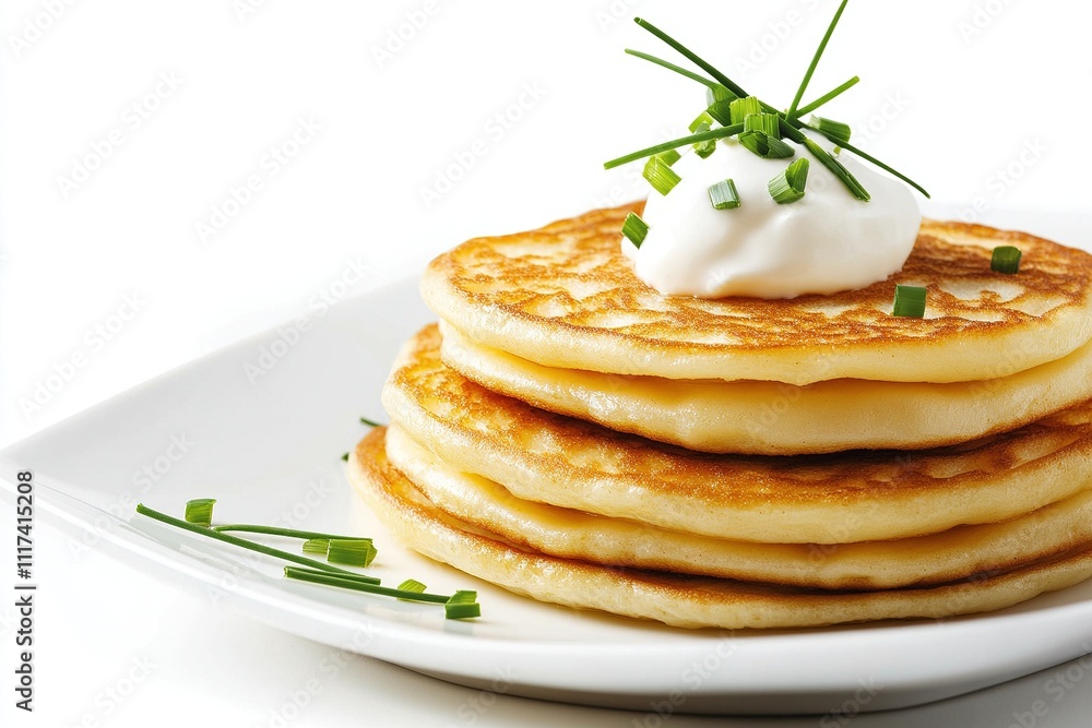 A stack of golden cheese blini served on a white plate, topped with a dollop of sour cream and garnished with fresh chives. A stack of golden cheese blini served on a white plate, topped with a dollop of sour cream and garnished with fresh chives.