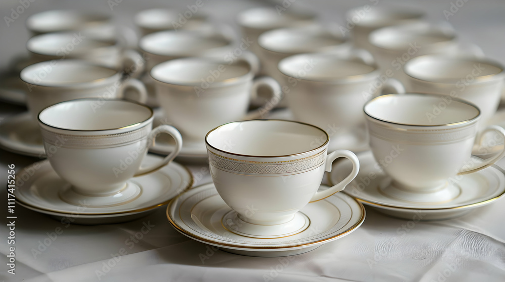 Elegant White Teacups and Saucers Still Life Photo Elegant White Teacups and Saucers Still Life Photo