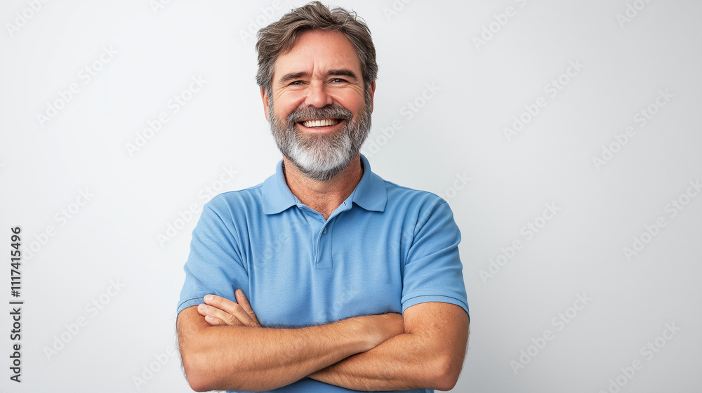 Portrait of a happy, bearded man in a blue polo shirt, standing confidently with arms crossed against a white background. Ideal for professional profiles, ads, or templates with ample space for added 