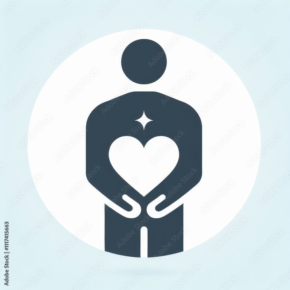 Minimalist icon of a person holding a heart symbol with a star inside, representing care or health, on a light blue background. Simple flat illustration Minimalist icon of a person holding a heart symbol with a star inside, representing care or health, on a light blue background. Simple flat illustration