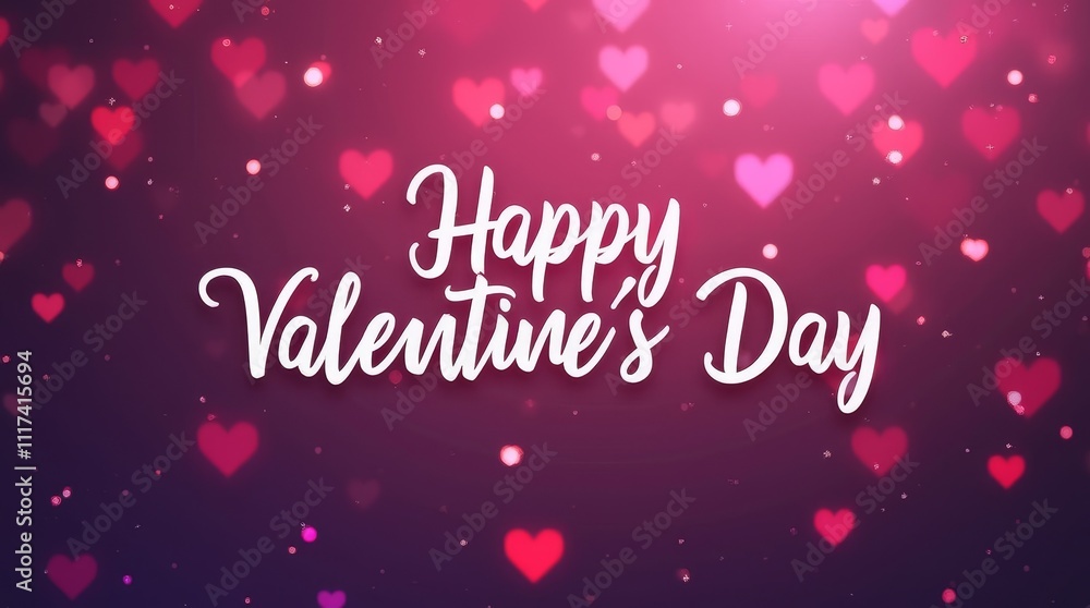 Happy Valentine's Day text on a purple bokeh hearts background. Romantic holiday design with light effects and copy space Happy Valentine's Day text on a purple bokeh hearts background. Romantic holiday design with light effects and copy space
