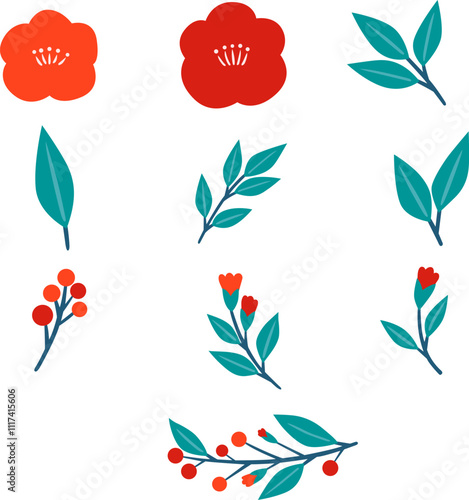 Camellia flowers with leaves for decoration on Chinese new year, Japanese new year and celebration event.