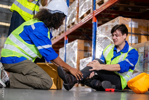 Male accidents from working box inspect product on shelves carrying heavy objects in warehouse help from colleagues. Box fell on me and I had leg pain while working.