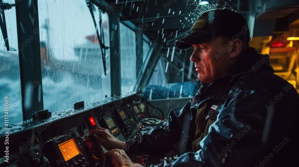 Obraz premium Even in the midst of a storm the chief engineer remains calm and collected as he directs his team in handling any mechanical or electrical issues that may arise.
