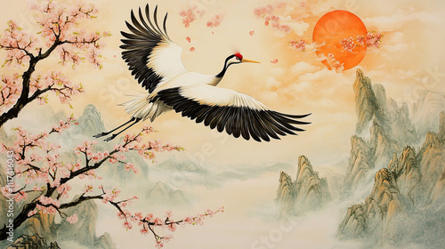 Japanese Crane Spring Landscape Painting Wallpaper 