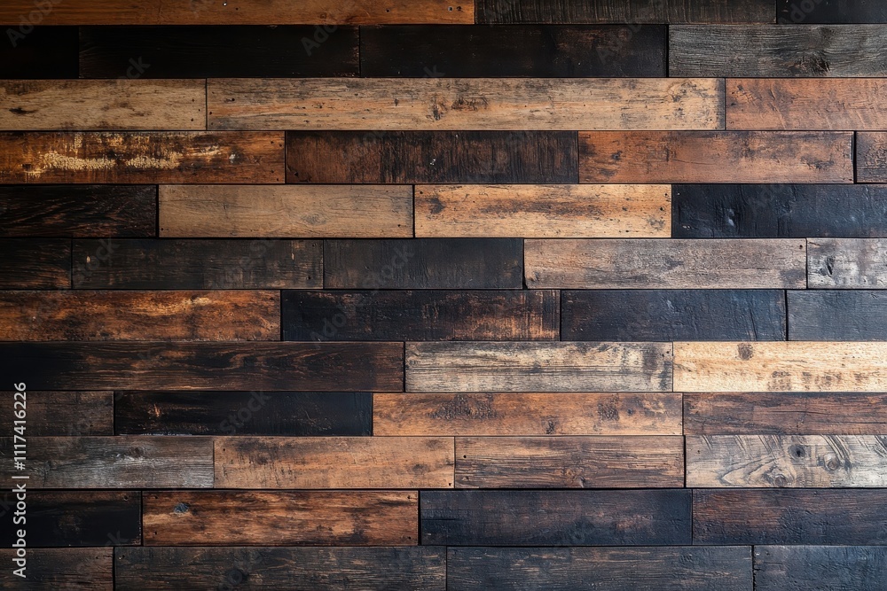 A textured wooden wall featuring various shades of brown and black planks. A textured wooden wall featuring various shades of brown and black planks.