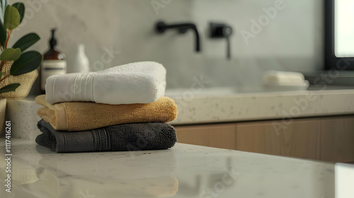 Bathroom Still Life: Folded Towels on Marble