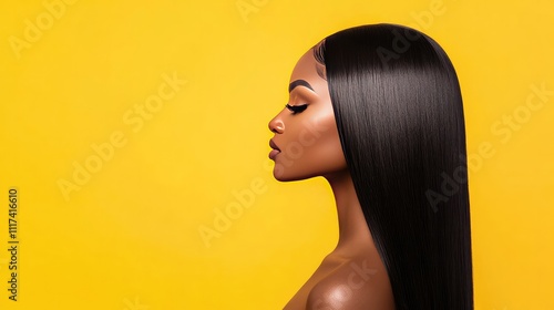 Beautiful African woman with sleek long hair extensions displaying elegant style against vibrant mustard backdrop. Professional beauty portrait showcasing smooth, flowing hairstyle and confident expre