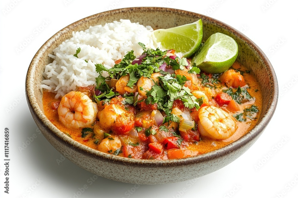 A traditional bowl of Brazilian moqueca, featuring a rich coconut milk-based seafood stew with shrimp, fish, tomatoes, onions, and bell peppers. A traditional bowl of Brazilian moqueca, featuring a rich coconut milk-based seafood stew with shrimp, fish, tomatoes, onions, and bell peppers.