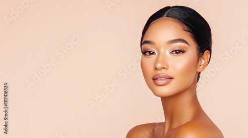 Elegant African woman with flawless complexion and natural makeup displaying confident smile and graceful pose.
