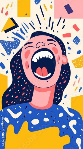 A vibrant illustration of a woman joyfully screaming, surrounded by colorful abstract shapes.