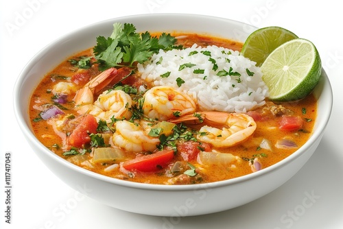 A traditional bowl of Brazilian moqueca, featuring a rich coconut milk-based seafood stew with shrimp, fish, tomatoes, onions, and bell peppers.