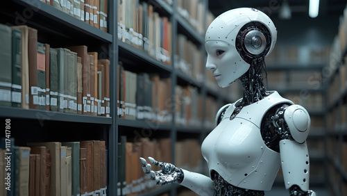 "Futuristic Archive: Humanoid Robot Librarian Guiding Visitors Through a High-Tech, Ultra-Realistic Learning Environment"