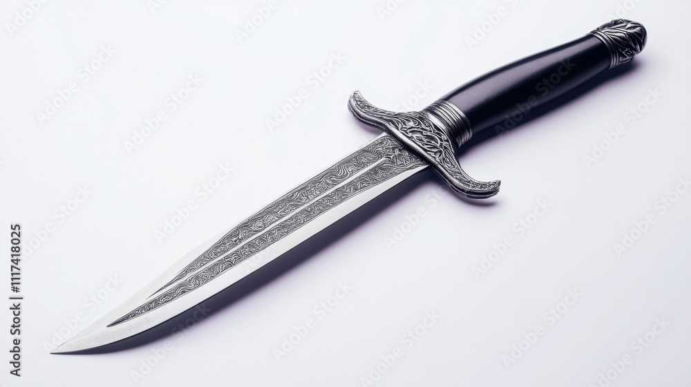 Elegant silver dagger with intricate detailing on the hilt and blade, showcased on a pristine white background. Elegant silver dagger with intricate detailing on the hilt and blade, showcased on a pristine white background.