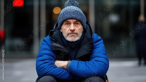 Pensive man in blue jacket with gray beard sitting on sidewalk in urban setting during winter season