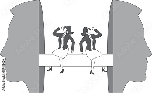 Low self-esteem, sadness, mental health, mental illness, anxiety or loneliness, psychology, social phobia, negativity, disappointment upset businessman sitting listlessly between two masks