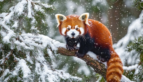 A red panda perched on a snowy branch amid falling snowflakes in a forest. photo