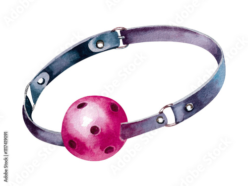 Black leather gag with pink ball sex toy for intimate joy watercolor hand drawn illustration