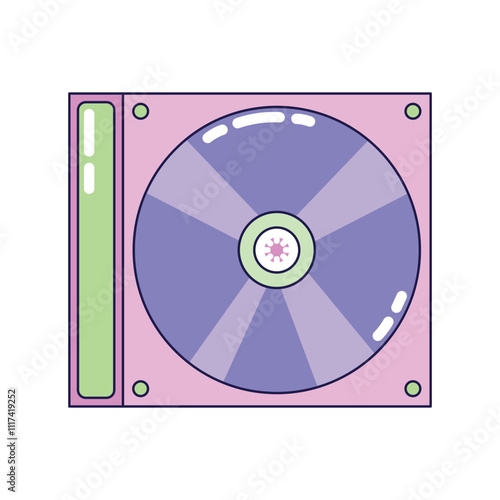 Vintage CD in Box on white background. Retro illustration with outline in 90s style. Isolated vector illustration.