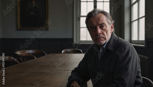 Pensive older man sitting alone at table looking thoughtfull 