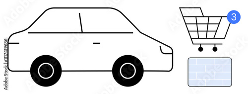 Black outline car, shopping cart with notification bubble showing three items, and computer keyboard. Ideal for automotive, online shopping, e-commerce, technology, notifications, user interface