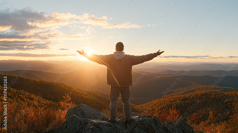 A man stands on a mountain top, arms outstretched, with the sun shining on him A man stands on a mountain top, arms outstretched, with the sun shining on him