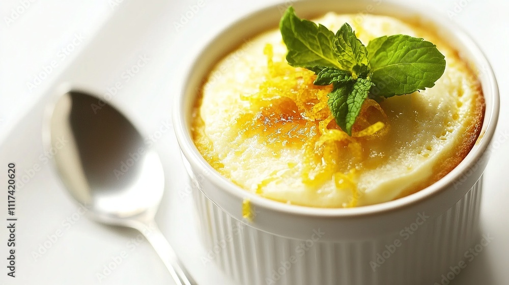 Lemon souffle, showcasing its fluffy, golden crust and soft interior, with a small spoon placed on the side for a refined presentation. Lemon souffle, showcasing its fluffy, golden crust and soft interior, with a small spoon placed on the side for a refined presentation.