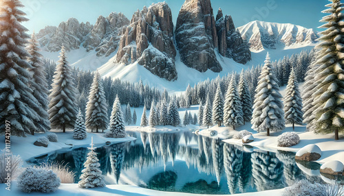 Evergreen Forests Draped in Snow Beside Tranquil Blue Lake and Big Rock Mountain  photo