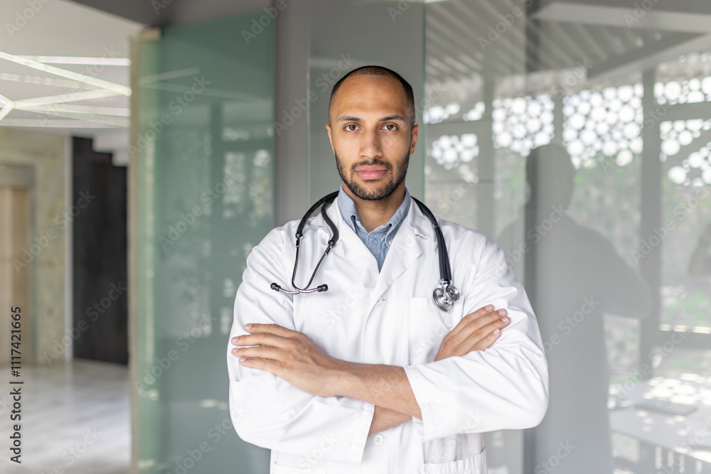 A confident doctor with arms crossed stands in a modern medical office. He wears a white coat and stethoscope, symbolizing authority and professionalism in healthcare. A confident doctor with arms crossed stands in a modern medical office. He wears a white coat and stethoscope, symbolizing authority and professionalism in healthcare.