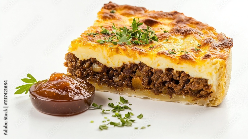 Close-up of a slice of bobotie, showcasing the creamy egg topping, spiced minced meat filling, and golden-baked crust. Close-up of a slice of bobotie, showcasing the creamy egg topping, spiced minced meat filling, and golden-baked crust.